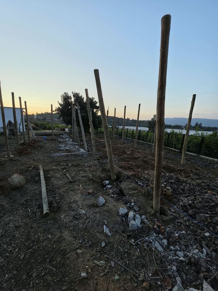 Los postes del pabellón de pie al atardecer